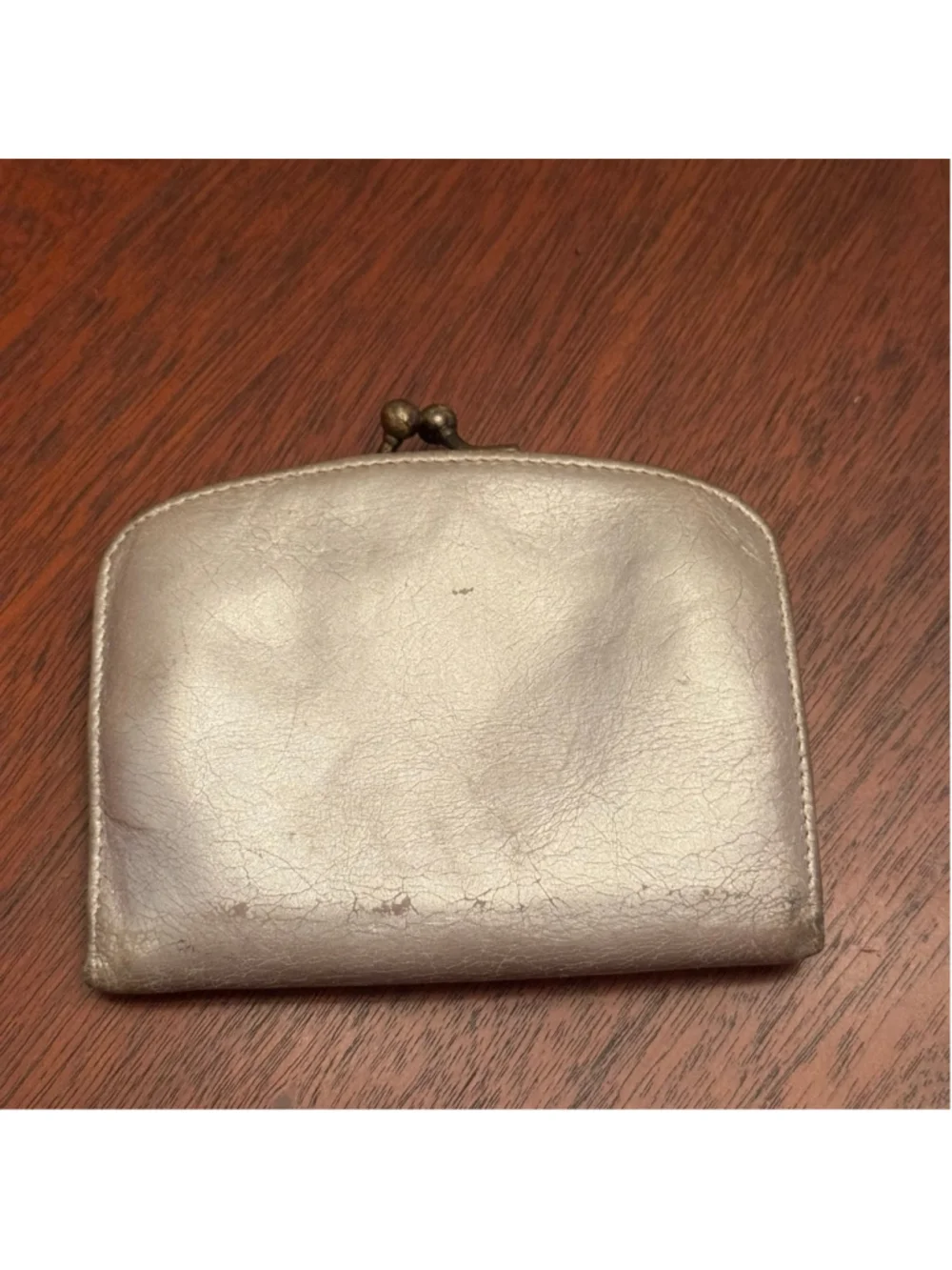 Hobo International Metallic Silver Leather Kiss Lock Coin Purse Card Wallet Flor